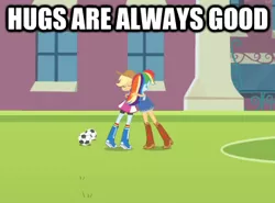 Size: 372x275 | Tagged: safe, derpibooru import, edit, edited screencap, screencap, applejack, rainbow dash, equestria girls, equestria girls (movie), caption, football, hug, image macro, sports, text, truth