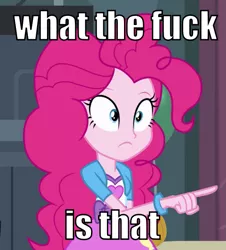 Size: 543x600 | Tagged: safe, derpibooru import, edit, edited screencap, screencap, pinkie pie, equestria girls, equestria girls (movie), caption, cropped, image macro, pointing, reaction image, solo, text, vulgar