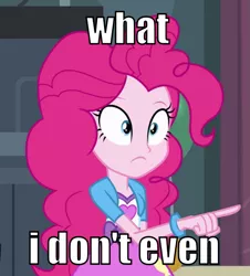 Size: 543x600 | Tagged: safe, derpibooru import, edit, edited screencap, screencap, pinkie pie, equestria girls, equestria girls (movie), caption, cropped, image macro, meme, pointing, reaction image, solo, text, wat