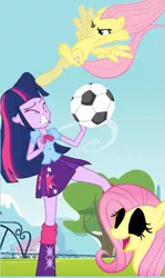 Size: 317x533 | Tagged: safe, derpibooru import, edit, edited screencap, screencap, fluttershy, twilight sparkle, equestria girls, equestria girls (movie), black sclera, cropped, football, kicking, sports, wat