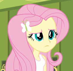 Size: 404x393 | Tagged: safe, derpibooru import, screencap, fluttershy, equestria girls, equestria girls (movie), animated, cropped, frown, head shake, no, reaction image, solo, unhappy
