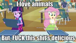 Size: 960x540 | Tagged: safe, derpibooru import, edit, edited screencap, screencap, fluttershy, twilight sparkle, equestria girls, equestria girls (movie), burger, caption, female, food, image macro, nigga, text, veggie burger, vulgar