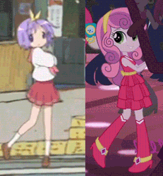 Size: 344x373 | Tagged: safe, derpibooru import, screencap, rose heart, sweetie belle, tennis match, equestria girls, equestria girls (movie), animated, anime, background human, coincidence i think not, comparison, cute, dancing, diasweetes, fall formal, fall formal outfits, flower, flower in hair, hairband, hiiragi tsukasa, lucky star, mind blown, this is our big night