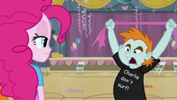 Size: 1920x1080 | Tagged: safe, derpibooru import, edit, edited screencap, screencap, pinkie pie, snips, equestria girls, equestria girls (movie), charlie don't surf, duo, implications, snips shirt, text, wrong just wrong