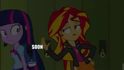 Size: 960x540 | Tagged: safe, derpibooru import, edit, edited screencap, screencap, spike, sunset shimmer, twilight sparkle, equestria girls, equestria girls (movie), caption, image macro, shocked, soon, surprised, text, unamused