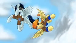 Size: 1600x900 | Tagged: artist:doomsp0rk, derpibooru import, flying, safe, soarin', spitfire, wonderbolts