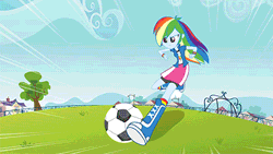 Size: 480x270 | Tagged: safe, derpibooru import, screencap, rainbow dash, equestria girls, equestria girls (movie), animated, ball, boots, clothes, compression shorts, female, football, kicking, shoes, skirt, soccer field, solo, sports, turnaround