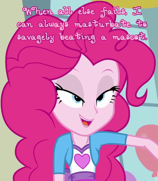 Size: 926x1062 | Tagged: questionable, derpibooru import, edit, edited screencap, screencap, pinkie pie, equestria girls, equestria girls (movie), bedroom eyes, caption, cards against equestria girls, cropped, image macro, meme, pink text, solo, text