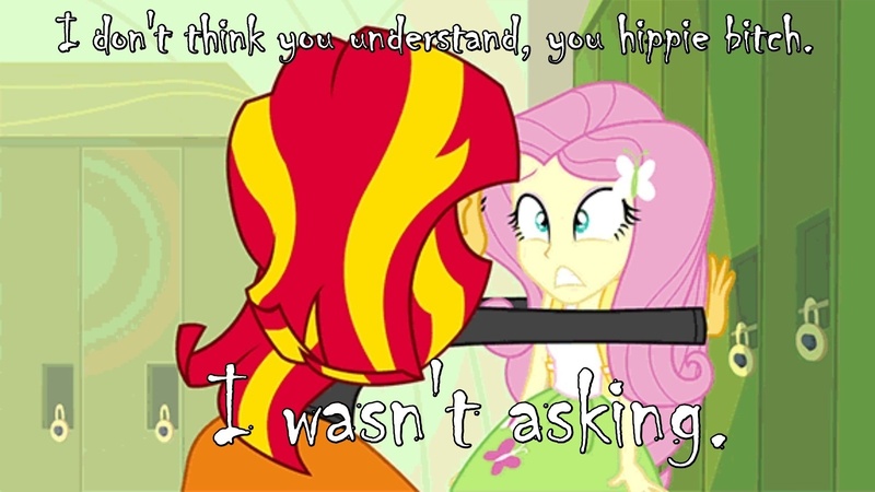 Size: 1531x862 | Tagged: suggestive, derpibooru import, edit, edited screencap, screencap, fluttershy, sunset shimmer, equestria girls, equestria girls (movie), caption, female, image macro, imminent rape, imminent sex, lesbian, meme, panic, text