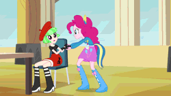 Size: 576x324 | Tagged: safe, derpibooru import, drama letter, pinkie pie, watermelody, equestria girls, equestria girls (movie), animated, background human, balloon, boots, clothes, helping twilight win the crown, high heel boots, raised leg, shoes, skirt