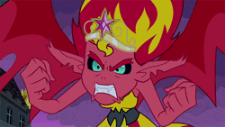 Size: 576x324 | Tagged: safe, derpibooru import, screencap, sunset shimmer, equestria girls, equestria girls (movie), angry, animated, big crown thingy, element of magic, eye twitch, gif, jewelry, regalia, satisfying frown, solo, sunset satan, twitch
