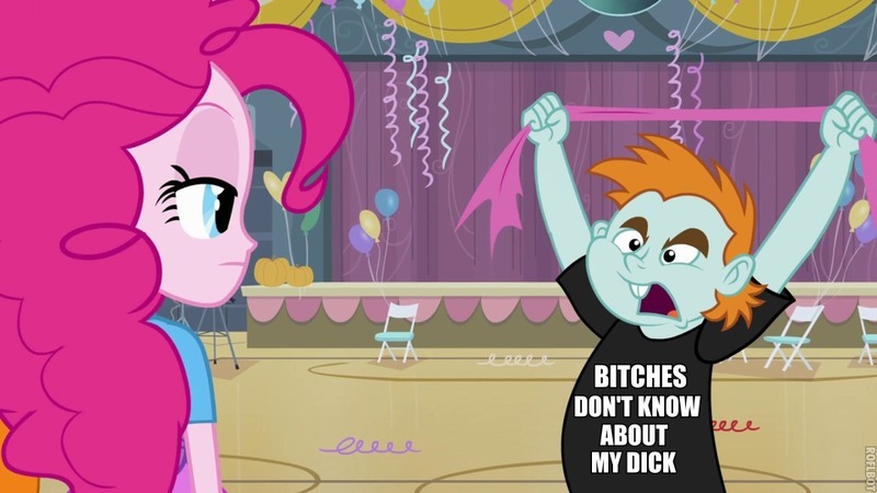 Size: 960x540 | Tagged: suggestive, derpibooru import, edit, edited screencap, screencap, pinkie pie, snips, equestria girls, equestria girls (movie), bitches don't know, duo, exploitable meme, lidded eyes, meme, old meme, snips shirt, vulgar