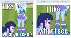 Size: 525x280 | Tagged: suggestive, derpibooru import, edit, edited screencap, screencap, trixie, twilight sparkle, derpibooru, equestria girls, equestria girls (movie), clothes, cropped, exploitable meme, juxtaposition, juxtaposition win, meme, meta, skirt, upskirt