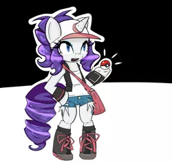 Size: 2329x2206 | Tagged: safe, artist:acharmingpony, derpibooru import, rarity, pony, semi-anthro, bag, bipedal, clothes, crossover, hilda, pokéball, pokémon, shoes, shorts, solo, touko, watch, white, wristband