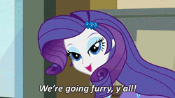 Size: 500x281 | Tagged: safe, derpibooru import, edit, edited screencap, screencap, rarity, equestria girls, equestria girls (movie), animated, caption, clothes, cosplay, costume, fake ears, fake tail, furry, pony ears, solo, wondercolts