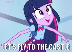 Size: 823x600 | Tagged: safe, derpibooru import, edit, edited screencap, screencap, twilight sparkle, equestria girls, equestria girls (movie), bag, caption, clothes, cropped, equestria girls prototype, faic, flapping, flapping arms, happy, image macro, let's fly to the castle, looking up, pleated skirt, skirt, smiling, solo, text, toy