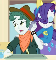 Size: 571x611 | Tagged: safe, derpibooru import, screencap, rarity, equestria girls, equestria girls (movie), cropped, duo, fake ears, mobile phone, phone, pony ears, smartphone, wondercolts, wondercolts uniform