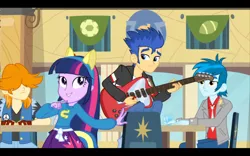 Size: 1680x1050 | Tagged: safe, derpibooru import, screencap, flash sentry, thunderbass, twilight sparkle, valhallen, equestria girls, equestria girls (movie), background human, fake ears, guitar, helping twilight win the crown, musical instrument, pony ears, wondercolts, wondercolts uniform