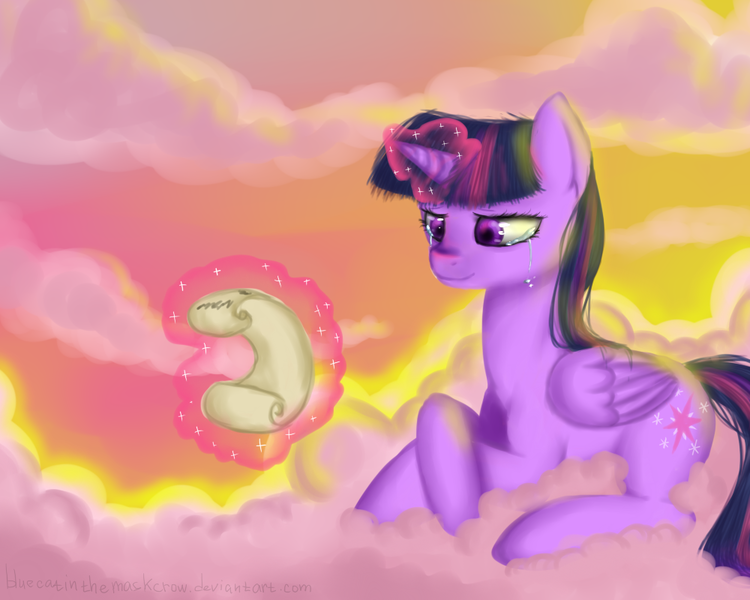 Size: 1000x800 | Tagged: safe, artist:yukomaussi, derpibooru import, twilight sparkle, twilight sparkle (alicorn), alicorn, pony, cloud, cloudy, crying, female, magic, mare, reading, scroll, solo