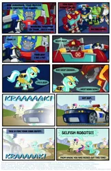 Size: 940x1450 | Tagged: safe, artist:ponymaan, derpibooru import, bon bon, lyra heartstrings, sweetie drops, earth pony, pony, unicorn, background pony, beep beep, blades, boulder, chase (transformers), comic, engrish, female, heatwave, mare, optimus prime, transformers, transformers rescue bots, universal greeting, volkswagen beetle