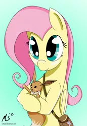 Size: 688x1000 | Tagged: artist:ciscoql, crossover, derpibooru import, eevee, fluttershy, pokémon, safe