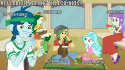 Size: 856x483 | Tagged: safe, derpibooru import, screencap, captain planet, paisley, starlight, sweet leaf, equestria girls, equestria girls (movie), background human, caption, female, hippie, image macro, male, naming, text