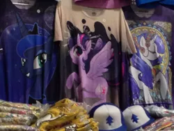 Size: 1024x768 | Tagged: safe, derpibooru import, princess luna, rarity, twilight sparkle, twilight sparkle (alicorn), alicorn, pony, clothes, female, hat, irl, mare, merchandise, photo, shirt, welovefine