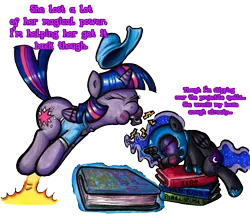 Size: 2061x1798 | Tagged: safe, artist:darkone10, derpibooru import, nightmare moon, twilight sparkle, twilight sparkle (alicorn), alicorn, pony, 1984, blushing, book, clothes, coach, colonel sassacre's daunting text of magical frivolity and practical japery, cute, eyes closed, female, filly, hat, homestuck, magic, mare, nightmare woon, puffy cheeks, shirt, simple background, transparent background, whistle