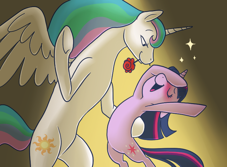 Size: 770x568 | Tagged: safe, artist:pixel-prism, derpibooru import, princess celestia, twilight sparkle, pony, twilight sparkle's secret shipfic folder, bedroom eyes, bipedal, blushing, dancing, female, flower, lesbian, rose, shipping, twilestia