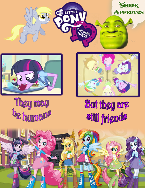 Size: 2550x3300 | Tagged: safe, derpibooru import, edit, screencap, applejack, derpy hooves, fluttershy, pinkie pie, rainbow dash, rarity, sci-twi, twilight sparkle, ogre, equestria girls, equestria girls (movie), apple, food, humane five, humane six, mane six, mouth hold, ponied up, poster, shrek, that's our sid