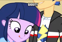 Size: 839x574 | Tagged: safe, derpibooru import, edit, edited screencap, screencap, flash sentry, twilight sparkle, equestria girls, equestria girls (movie), caption, cropped, female, funny, funny as hell, giggity, image macro, licking, licking lips, male, meme, out of context, text, tongue out