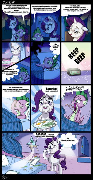 Size: 1397x2691 | Tagged: safe, artist:pepooni, derpibooru import, rarity, spike, dragon, pony, unicorn, comic, dialogue, egg (food), female, food, makeup, male, mare, monster