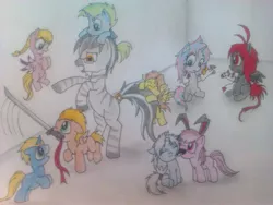 Size: 1280x960 | Tagged: artist needed, safe, derpibooru import, oc, oc:chinook, oc:fourcannon, oc:honey rose, oc:liven up, oc:mary o'nette, oc:quicksilver, unofficial characters only, pegasus, pony, unicorn, biting, cute, eyes closed, floppy ears, frown, licking, mouth hold, nom, one eye closed, open mouth, pony hat, rearing, sitting, smiling, sword, tail bite, tongue out, traditional art, weapon, wink
