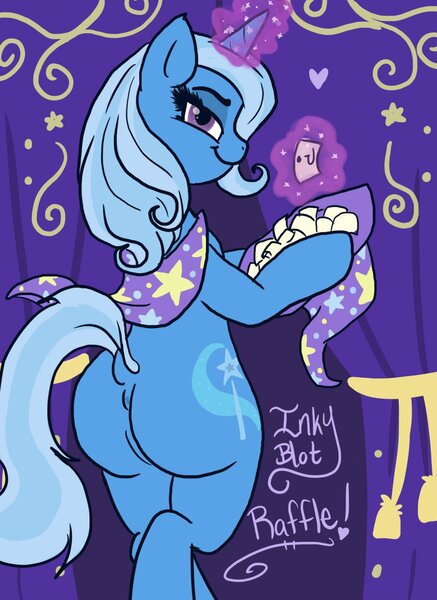 Size: 933x1280 | Tagged: questionable, artist:inkyblot, derpibooru import, trixie, pony, anus, bipedal, butt, cape, clothes, female, hat, nudity, plot, raffle, simplistic anus, solo, solo female, trixie's cape, trixie's hat