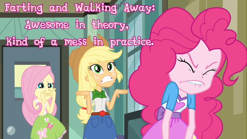 Size: 1280x720 | Tagged: safe, derpibooru import, edit, edited screencap, screencap, applejack, fluttershy, pinkie pie, equestria girls, equestria girls (movie), cards against equestria girls, implied farting, lip bite