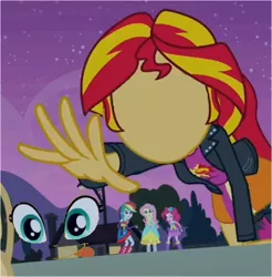 Size: 363x369 | Tagged: safe, derpibooru import, edit, edited screencap, screencap, fluttershy, pinkie pie, rainbow dash, sunset shimmer, equestria girls, equestria girls (movie), cropped, exploitable meme, face, meme, no face, solo focus, sunset shimmer reaching for things, wat