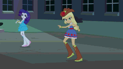 Size: 576x324 | Tagged: safe, derpibooru import, screencap, applejack, rarity, equestria girls, equestria girls (movie), animated, boots, cowboy boots, cowboy hat, fall formal outfits, gif, hat, high heel boots, rope, shoes