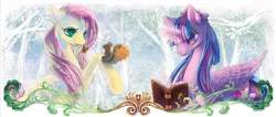 Size: 1572x668 | Tagged: safe, artist:tzulin520, derpibooru import, fluttershy, twilight sparkle, twilight sparkle (alicorn), alicorn, butterfly, pony, squirrel, book, female, magic, mare, reading