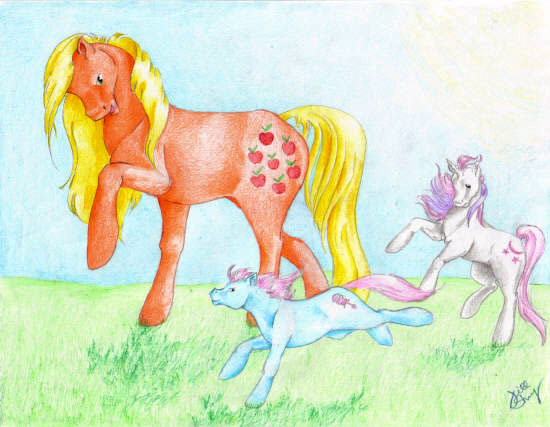 Size: 550x427 | Tagged: applejack (g1), artist:marbletoast, baby cuddles, baby moondancer, derpibooru import, family, g1, realistic, rule 63, safe, traditional art