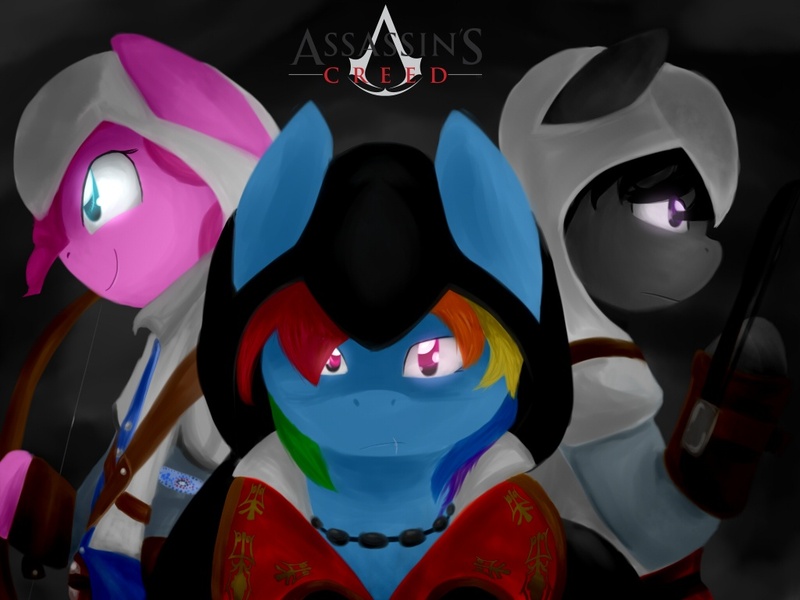 Size: 1024x768 | Tagged: safe, artist:oscarina1234, derpibooru import, octavia melody, pinkie pie, rainbow dash, pony, assassin's creed, bipedal