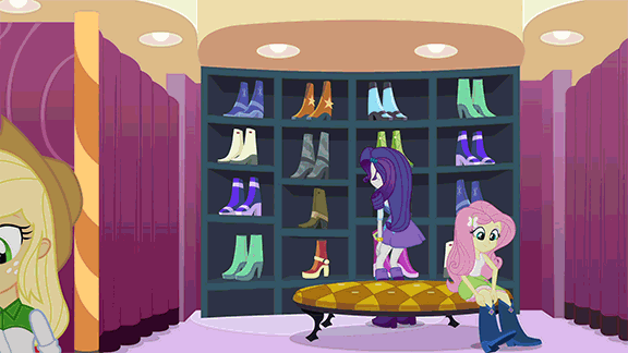 Size: 576x324 | Tagged: safe, derpibooru import, screencap, applejack, fluttershy, rarity, spike, twilight sparkle, twilight sparkle (alicorn), alicorn, dog, equestria girls, equestria girls (movie), animated, boots, bracelet, carousel boutique, clothes, gif, high heel boots, jewelry, shoes, skirt, spike the dog
