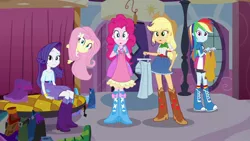 Size: 1920x1080 | Tagged: safe, derpibooru import, screencap, applejack, fluttershy, pinkie pie, rainbow dash, rarity, equestria girls, equestria girls (movie), balloon, bell, boots, bracelet, carousel boutique, changing room, clothes, cowboy boots, door, dress, high heel boots, humane five, jewelry, looking at you, mane five, shoes, socks, wristband