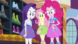 Size: 610x343 | Tagged: safe, derpibooru import, screencap, fluttershy, pinkie pie, rarity, spike, dog, equestria girls, equestria girls (movie), animated, balloon, boots, bracelet, carousel boutique, fluttergasm, gif, high heel boots, jewelry, shoes, spike the dog