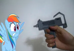 Size: 900x617 | Tagged: artist:edgar546, derpibooru import, don't shoot me please, gun, mac-10, rainbow dash, safe, threatening, weapon