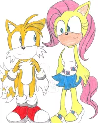 Size: 2424x3040 | Tagged: anthro, artist:bluespeedsfan92, crossover, crossover shipping, derpibooru import, female, fluttershy, fluttertails, interspecies, love, male, miles "tails" prower, plantigrade anthro, safe, shipping, sonicified, sonic the hedgehog (series), straight, style emulation, traditional art