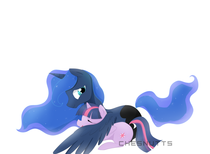 Size: 1024x755 | Tagged: safe, artist:chesnutts, derpibooru import, princess luna, twilight sparkle, twilight sparkle (alicorn), alicorn, pony, female, lesbian, prone, shipping, simple background, twiluna