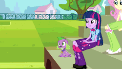 Size: 576x324 | Tagged: safe, derpibooru import, screencap, fluttershy, rainbow dash, spike, twilight sparkle, dog, equestria girls, equestria girls (movie), animated, backpack, bleachers, boots, bracelet, clothes, football, high heel boots, jewelry, shoes, skirt, soccer field, socks, spike the dog, sports