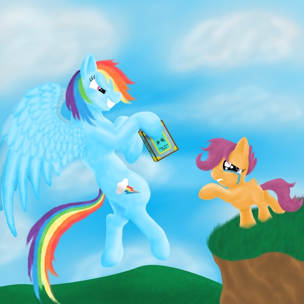 Size: 1500x1500 | Tagged: abuse, artist:the-laughing-horror, derpibooru import, rainbow dash, rainbow douche, safe, scootabuse, scootaloo, scootaloo can't fly, scootalove denied