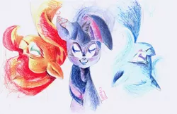 Size: 2003x1300 | Tagged: safe, artist:sellyinwonderland, derpibooru import, sunset shimmer, trixie, twilight sparkle, pony, counterparts, magical trio, traditional art, twilight's counterparts