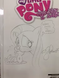 Size: 768x1024 | Tagged: artist:andypriceart, aweeg*, derpibooru import, fluttershy, food, ham, meat, ponies eating meat, puffy cheeks, safe, solo, traditional art